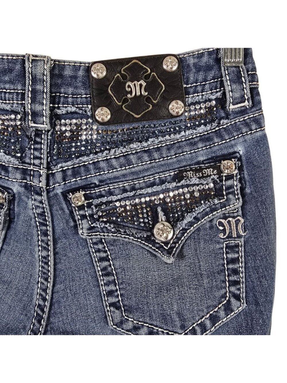 Miss Me Womens Rhinestone Bling Signature Low Rise Bootcut Blue Jeans Size 27